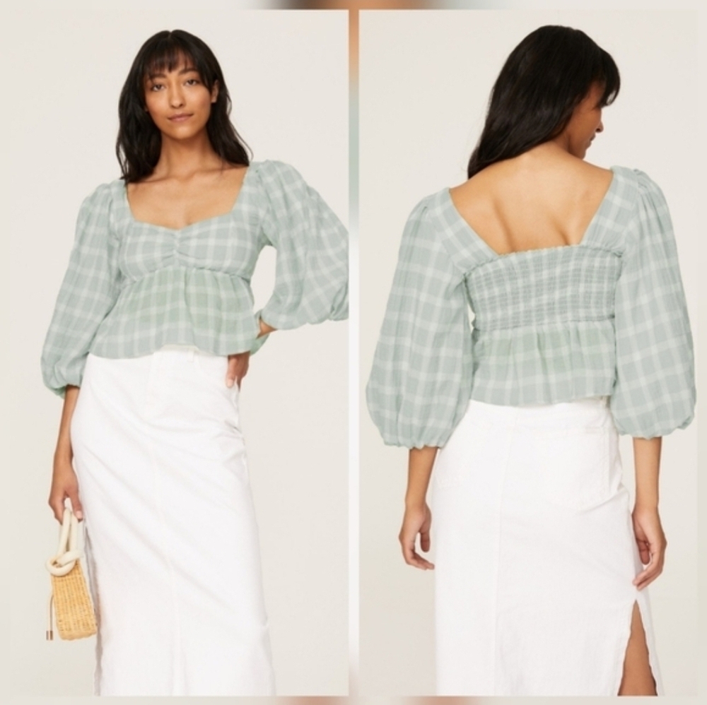 Show Me Your Mumu Cathy Gingham Top In Green Sweetheart Size XL